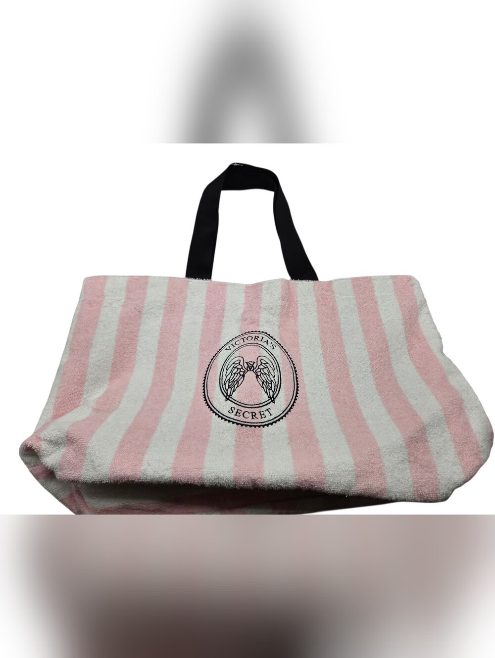Victoria's Secret Pink & White Striped Tote with Black Handles